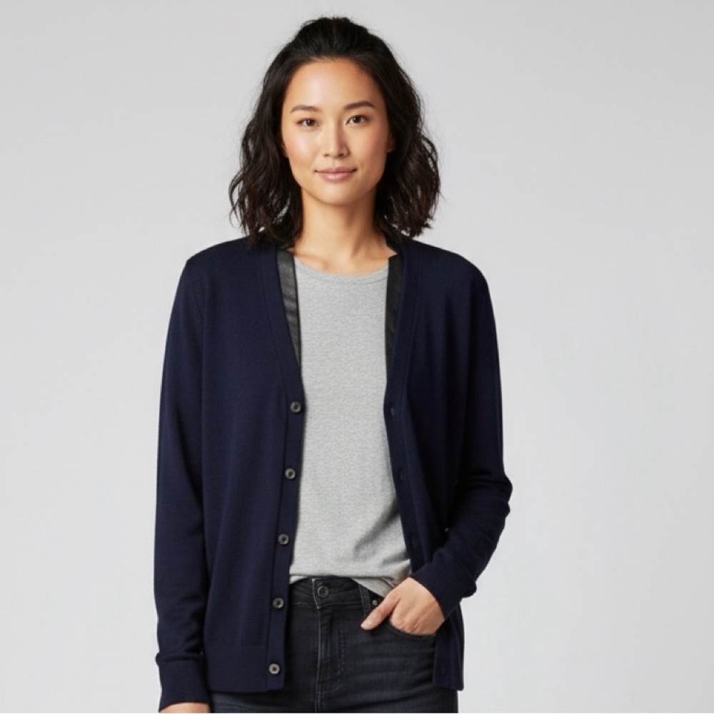 THE KOOPLES NAVY BLUE WOOL VNECK BLAZER SWEATER LAMBSKIN LEATHER IVY LEAGUE PREP